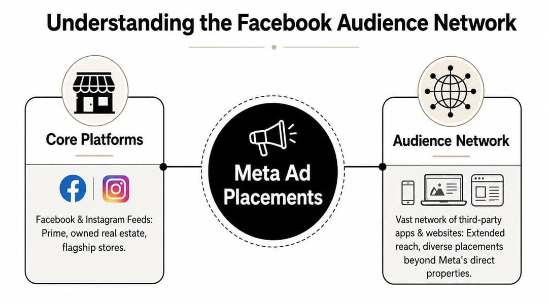 A diagram illustrating Meta ad placements, comparing Core Platforms like Facebook and Instagram to the Audience Network.