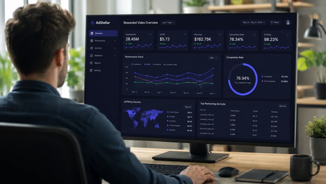 A professional working at a desk viewing a rewarded video ad performance dashboard on a computer monitor.
