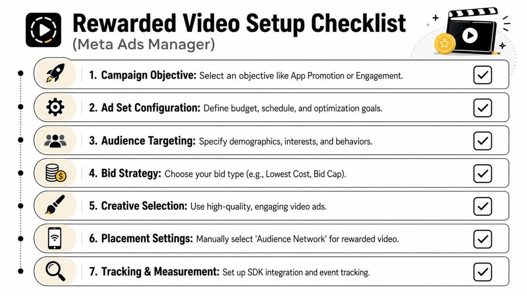 A checklist infographic outlining seven essential steps for setting up rewarded video ads in Meta Ads Manager.