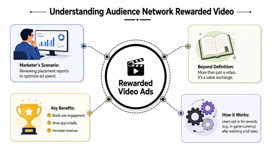 An infographic titled Understanding Audience Network Rewarded Video explaining its definition, benefits, mechanism, and marketing application.