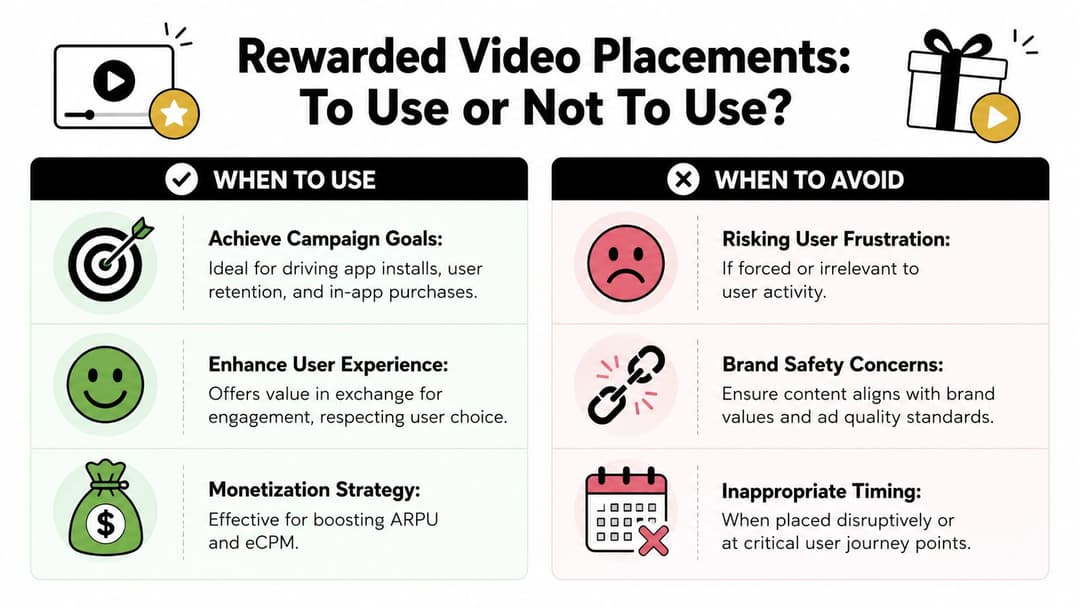 An infographic titled Rewarded Video Placements comparing the benefits of using them against potential pitfalls to avoid.