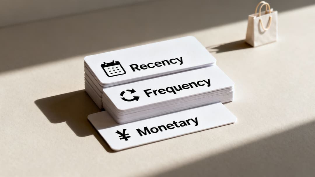 Three cards showing Recency, Frequency, Monetary with icons, representing the RFM customer segmentation model.