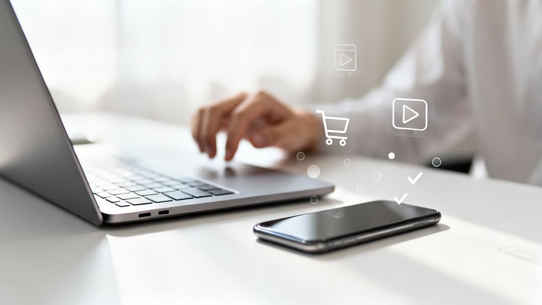 A person uses a laptop and smartphone on a desk with digital shopping and media icons.