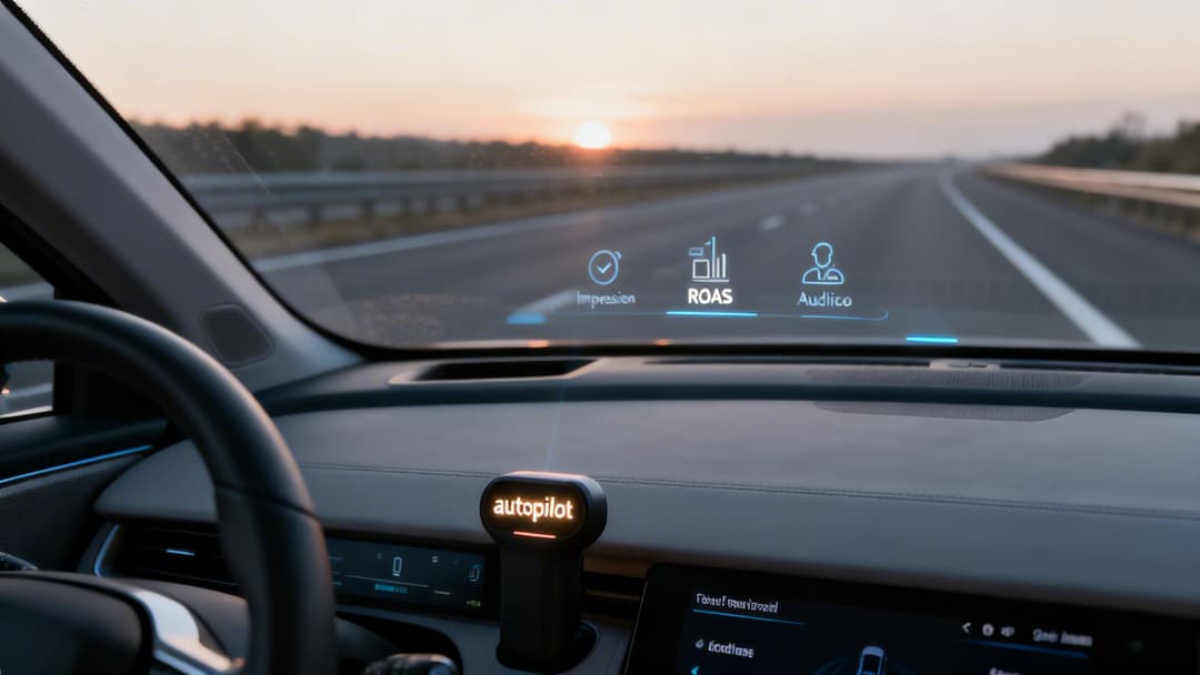 Car interior with an 'autopilot' device and head-up display showing ROAS metrics on a highway.