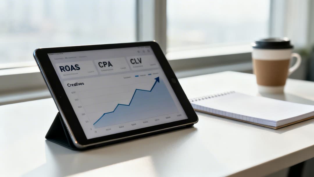 Tablet displaying an upward trend business graph with ROAS, CPA, CLV metrics in an office.