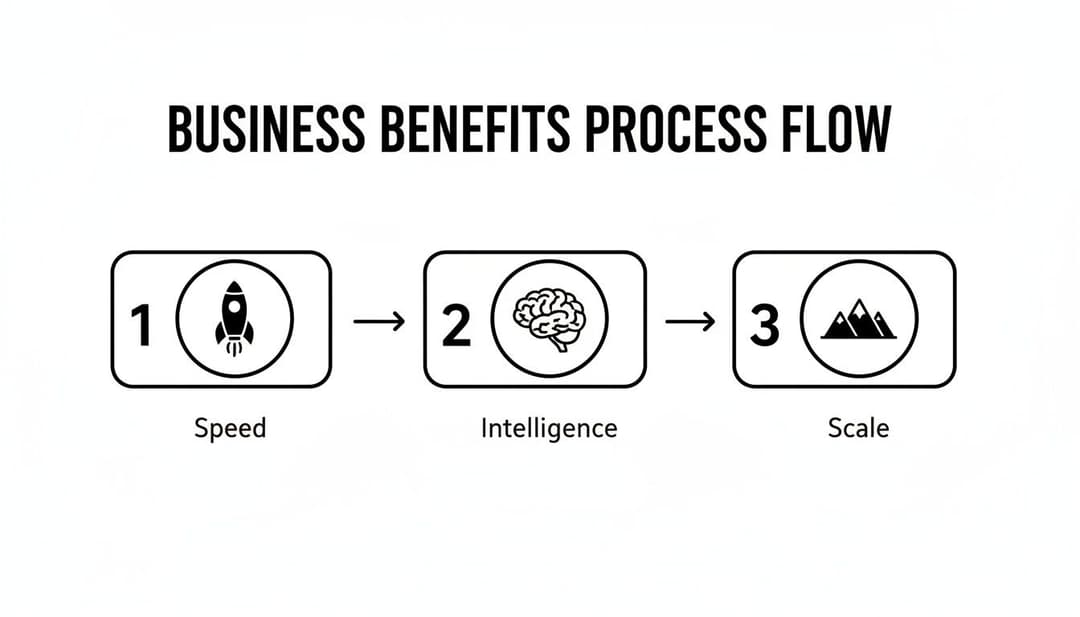 A business benefits process flow illustrating speed, intelligence, and scale with corresponding icons.