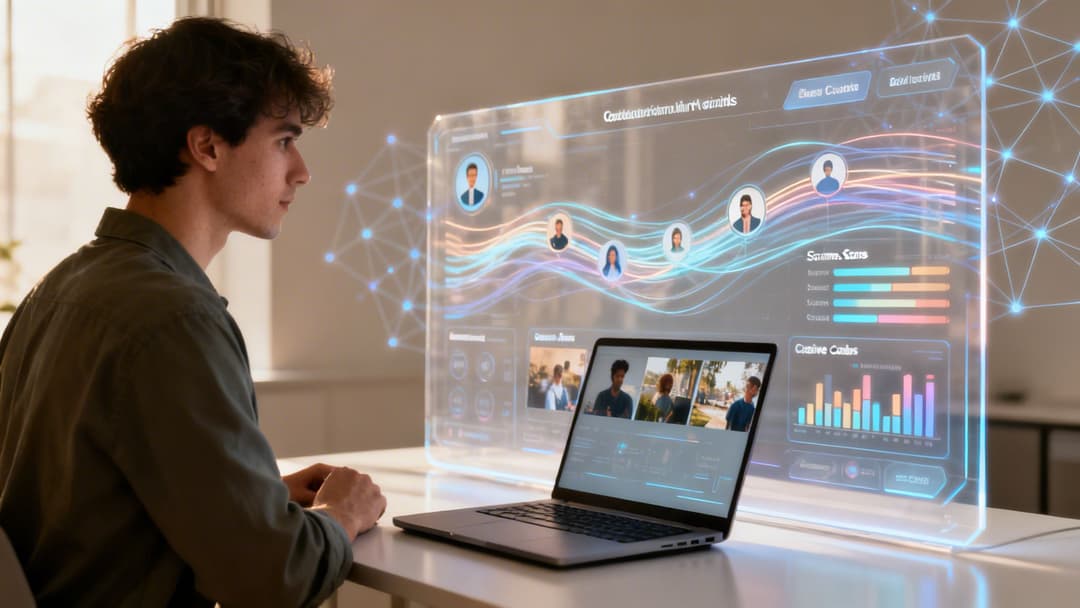 Young man interacts with a translucent holographic display showing data visualizations, user profiles, and a laptop.