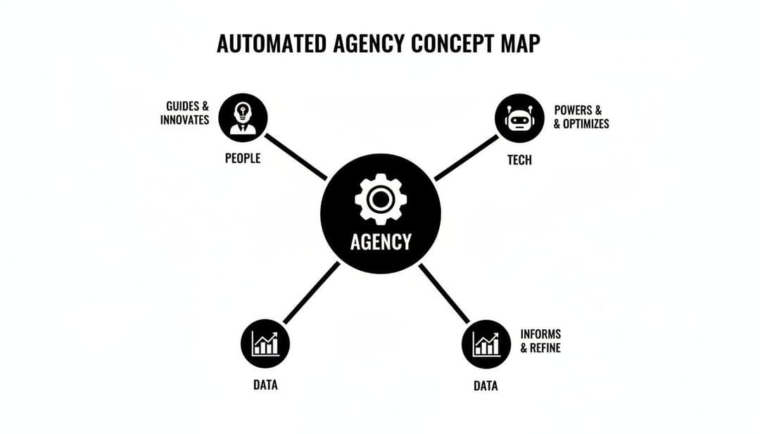 Automated agency concept map showing how people, tech, and data interact to drive the agency.