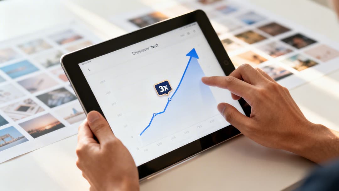 A person analyzing an upward trend graph with a '3x' boost on a tablet, surrounded by photo prints.