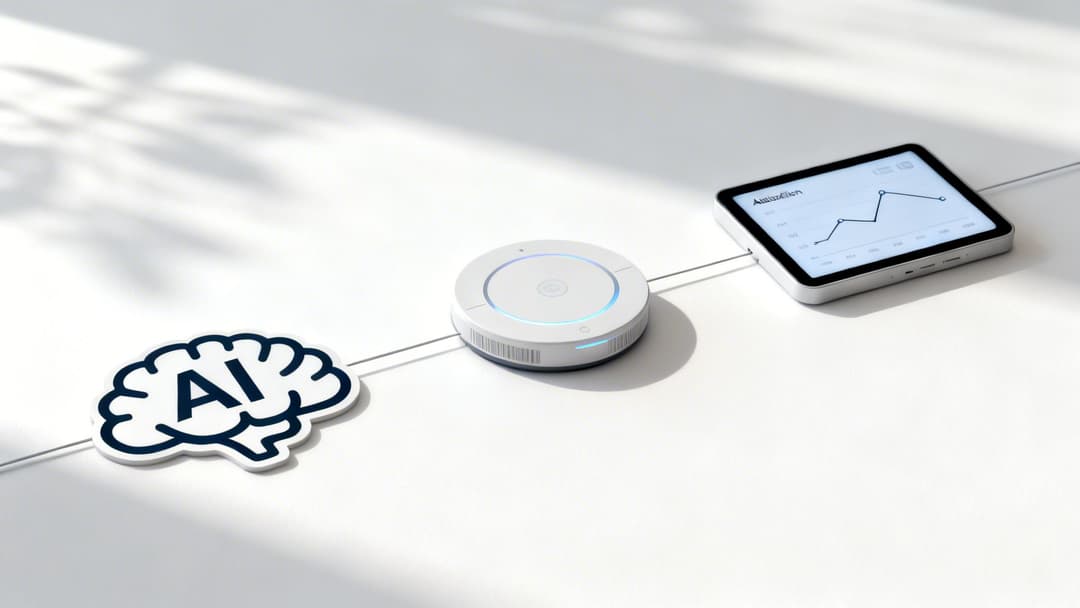 An AI brain icon connected to a smart device and a tablet displaying a data graph.