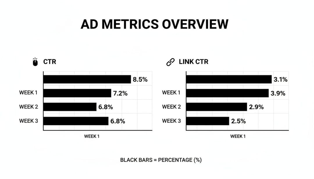 Bar charts display ad CTR and link CTR percentages, showing performance trends over weeks.
