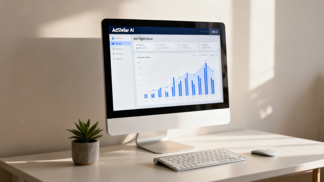 Desktop computer displaying an 'Ad Optimization' dashboard with blue graphs and statistics on a white desk.