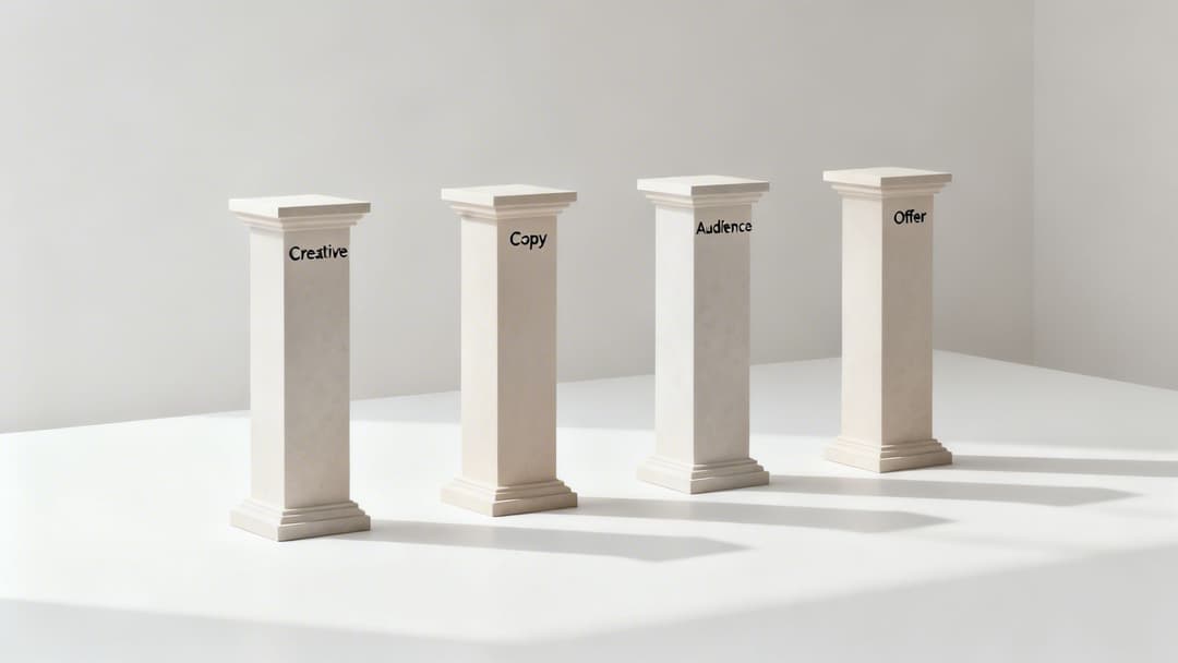 Four white pillars showcasing marketing concepts: Creative, Copy, Audience, and Offer.