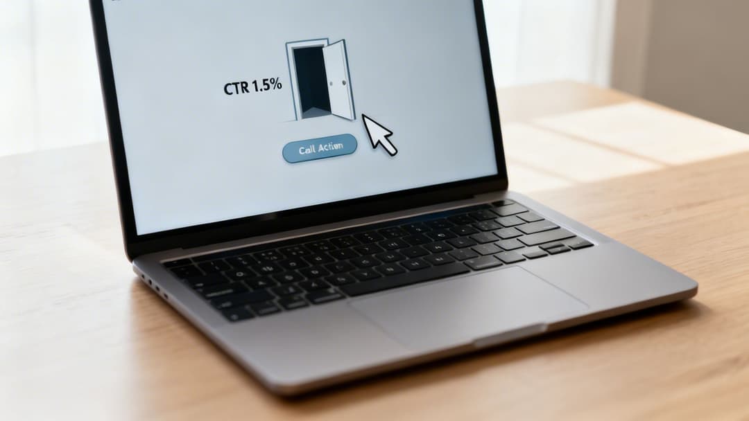 Laptop screen shows 'CTR 1.5%', an open door, and a 'Call Action' button with a cursor, illustrating conversion metrics.