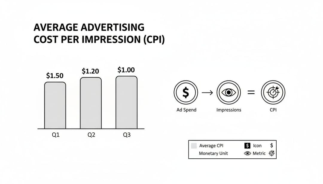 Bar chart showing average advertising cost per impression (CPI) decreasing from Q1 to Q3, with a formula.