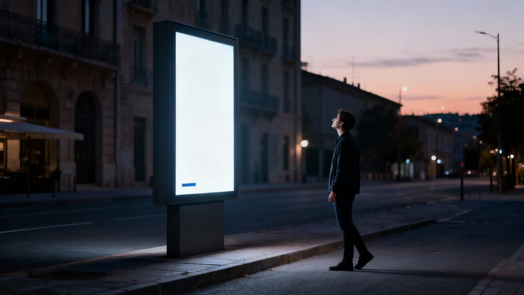 Young man looking up at a glowing blank digital billboard on a city street at dusk.