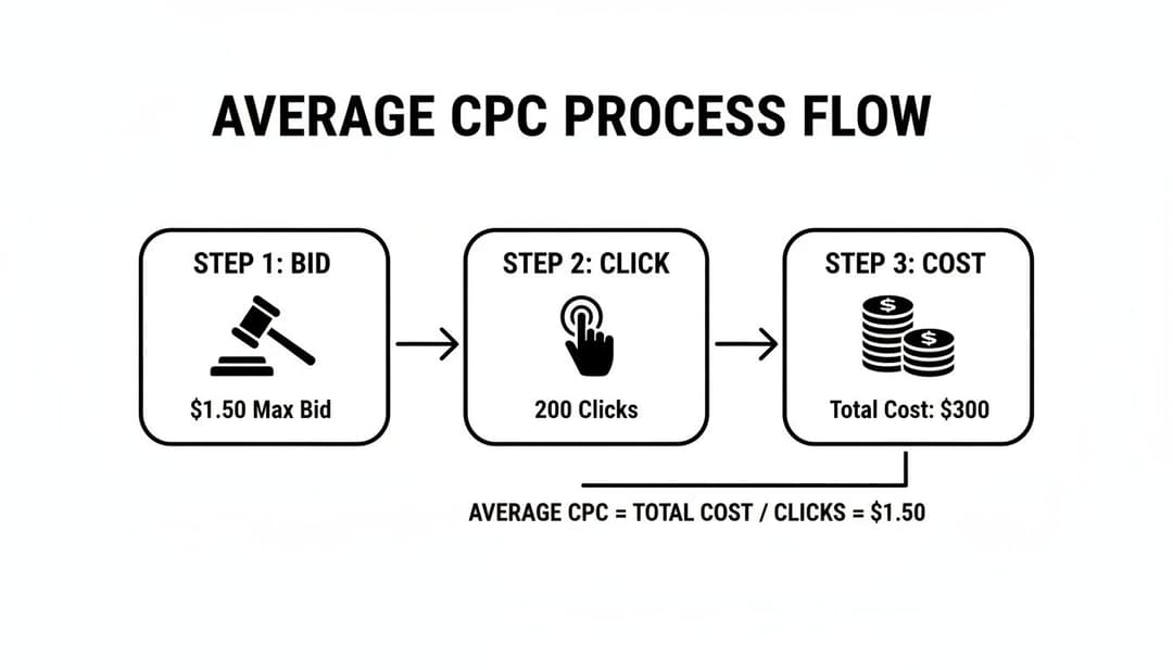 Flowchart illustrates the average cost-per-click (CPC) process, detailing bid, clicks, total cost, and final calculation.