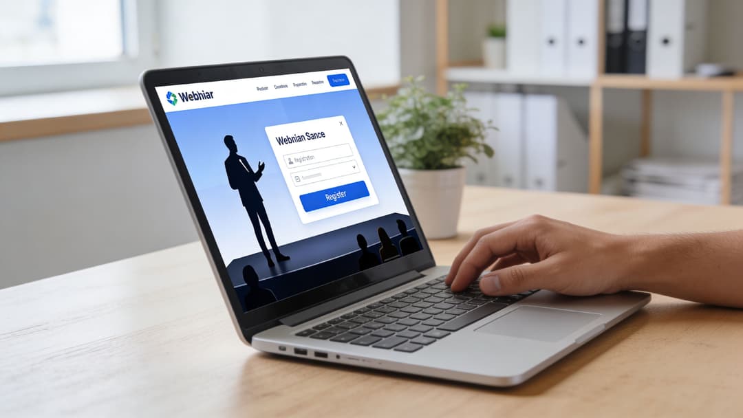 A person using a laptop with a webinar registration form displayed on the screen at a desk.