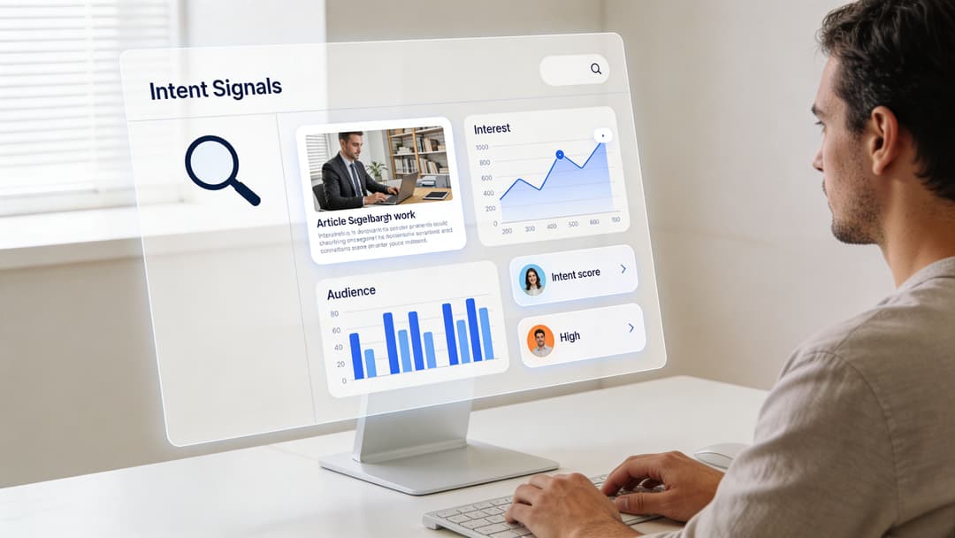 A professional analyzing intent signals data on a transparent computer screen for business lead generation insights.
