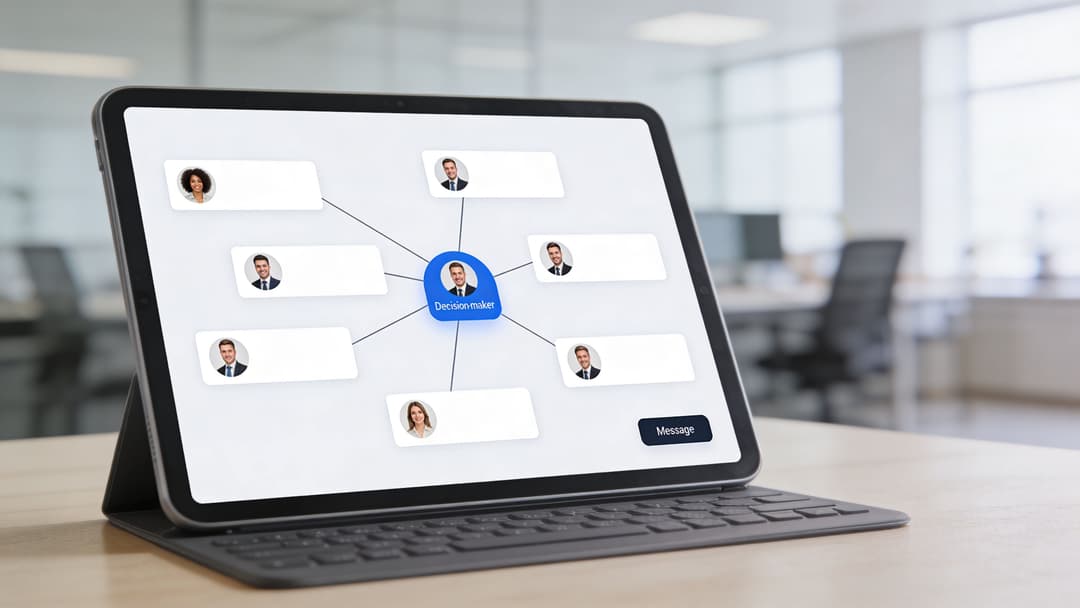 A tablet on a wooden desk displaying a digital map of a decision-maker connected to various business contacts.