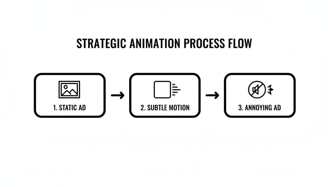 Process flow illustrating strategic animation, evolving from static ads to subtle motion and finally, annoying ads.