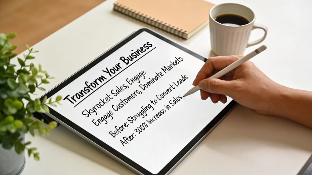 A hand using a digital pen to write business growth strategies on a tablet screen.