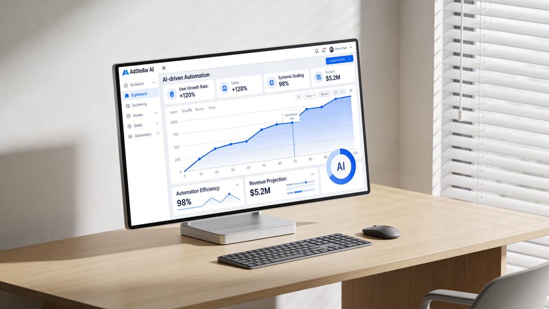 A modern computer monitor displays an analytics dashboard with charts and data on a clean desk.