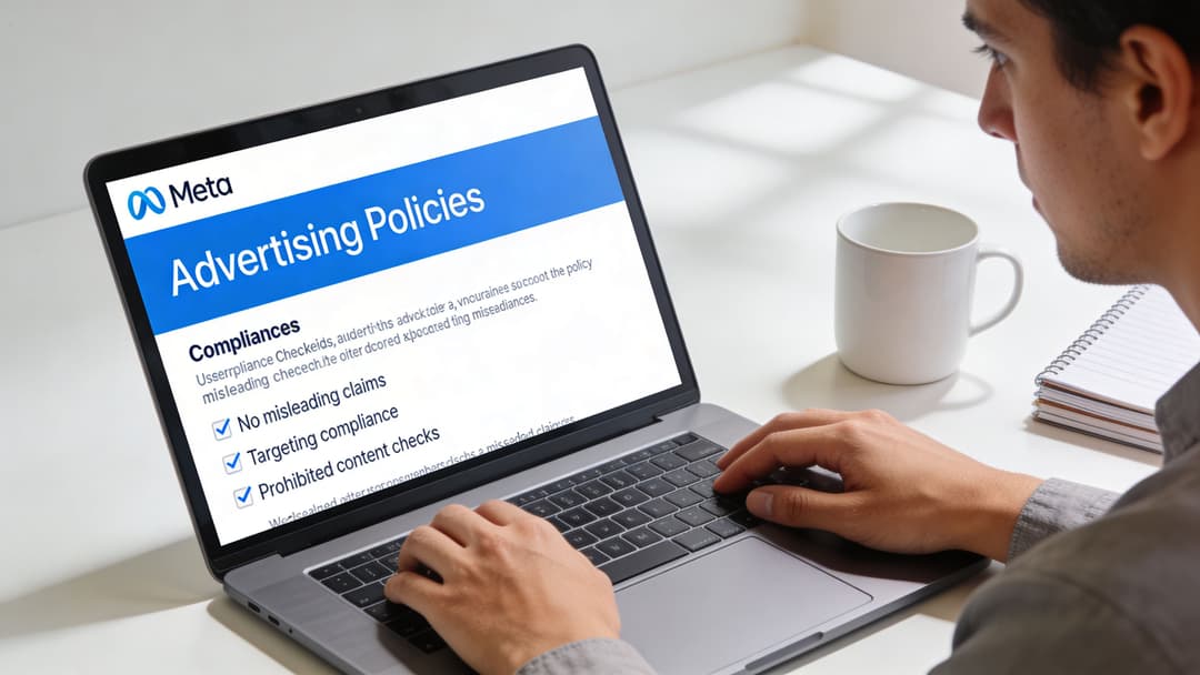 A man using a laptop displaying Meta advertising policies compliance checklists on a bright office desk.