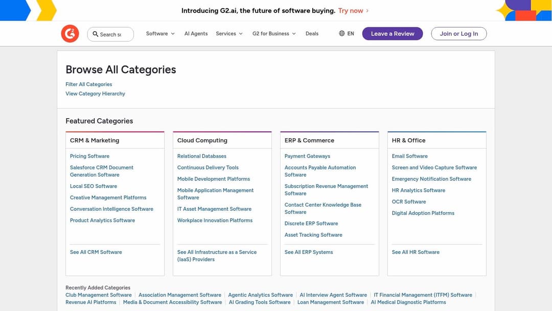 G2 software categories for finding AI tools