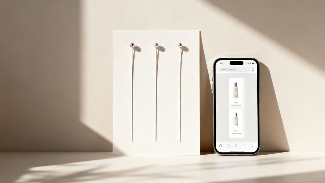 A smartphone displays a shopping app with perfume products, next to decorative silver pins.