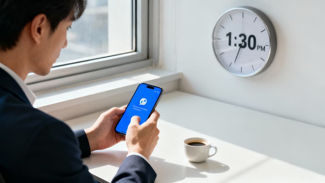 A man in a suit using a smartphone, with a coffee cup and a clock showing 1:30 PM.