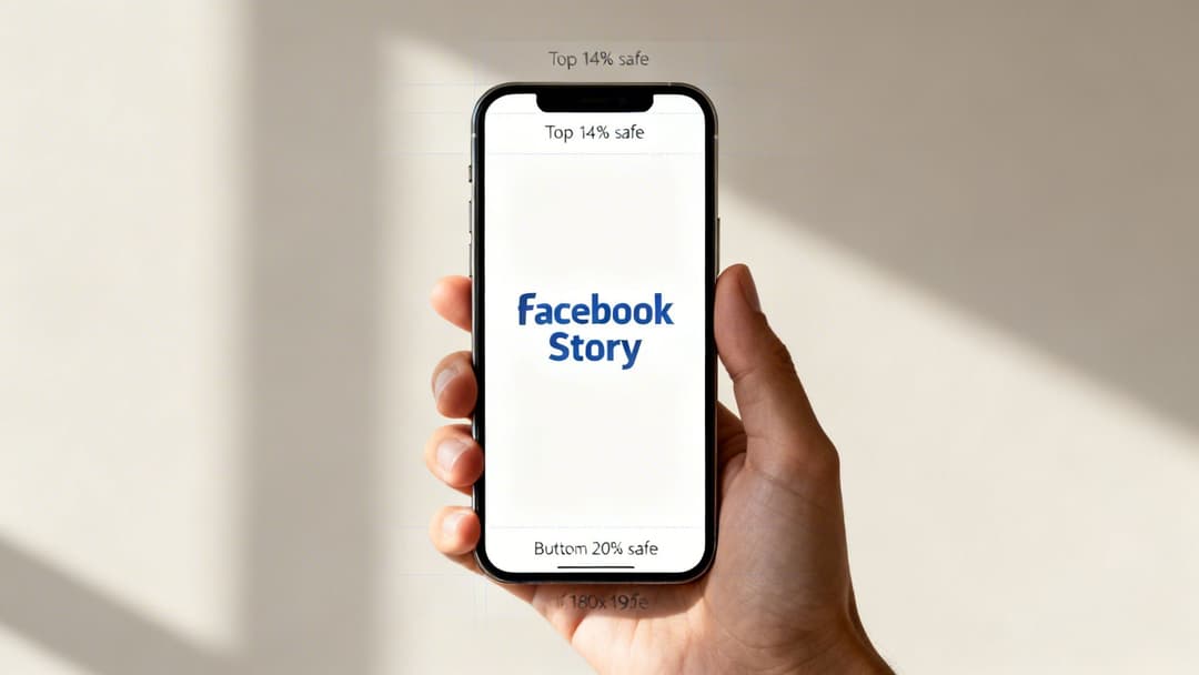 A hand holding an iPhone displaying 'Facebook Story' with safe zone guides on a light background.