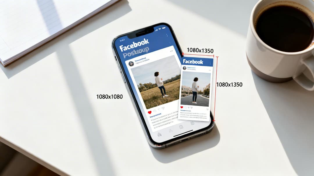 A smartphone displaying Facebook posts with optimal image dimensions on a clean white desk, alongside a coffee cup.