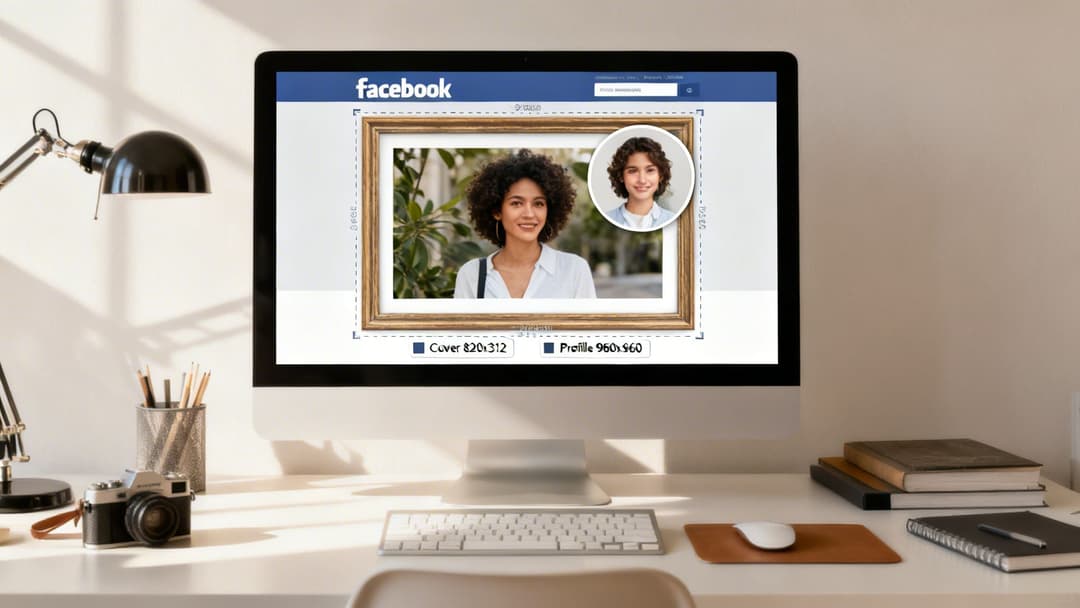 A desktop computer shows Facebook with cover and profile photos on a tidy workspace.