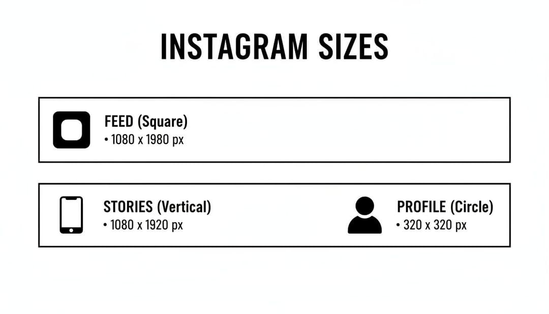 Instagram image size guide displaying optimal dimensions for feed posts, stories, and profile pictures.