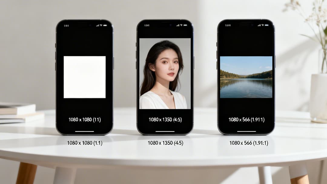 Three iPhones display photos with different aspect ratios and resolutions for Instagram.