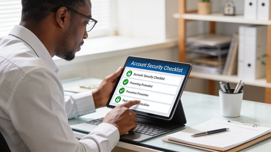 A professional man checking account security settings on a digital tablet at his bright office desk.