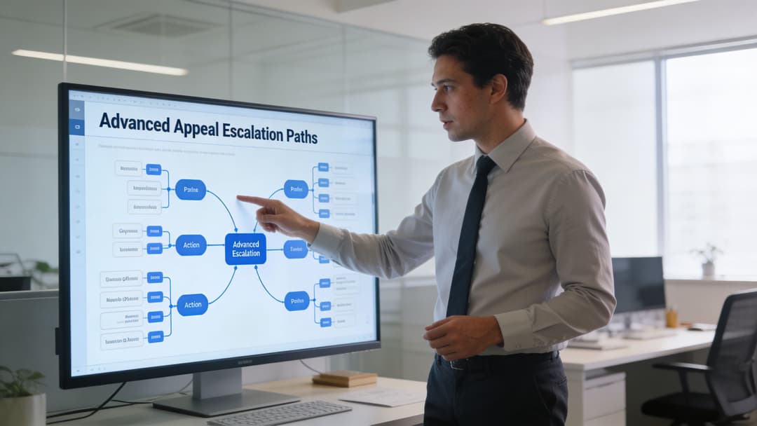 A professional man in a business suit points to an advanced appeal escalation flowchart on a screen.