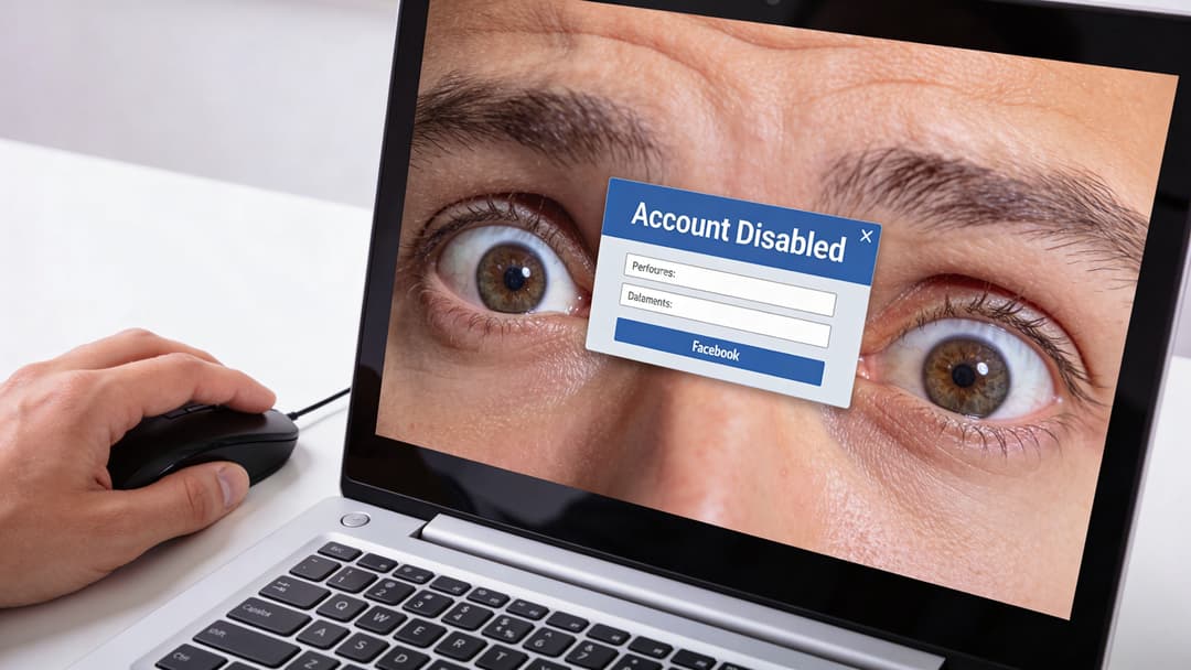 A close-up view of a person looking shocked at a laptop screen showing a Facebook account disabled message.