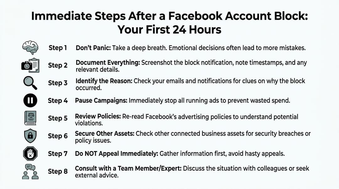 An infographic showing eight essential steps to take within 24 hours of a Facebook account block.