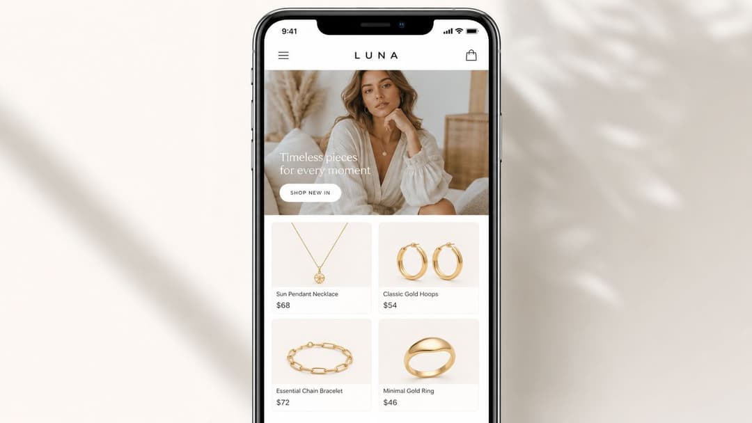 A smartphone screen displaying the Luna jewelry brand website, showcasing featured necklaces, hoops, bracelets, and rings.