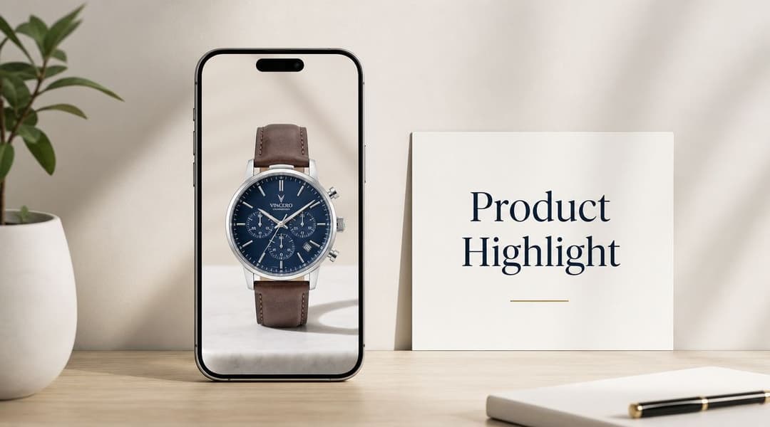 A Vincero wristwatch displayed on a smartphone screen beside a Product Highlight sign on a desk.