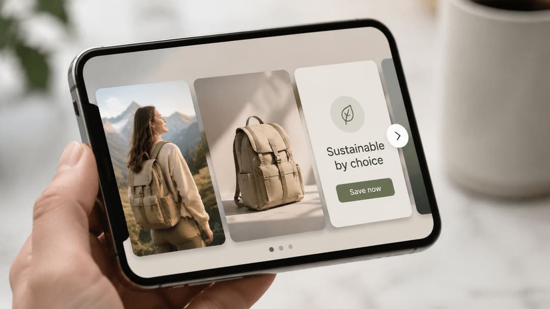 A hand holding a digital tablet showcasing a sustainable product marketing campaign with backpacks.