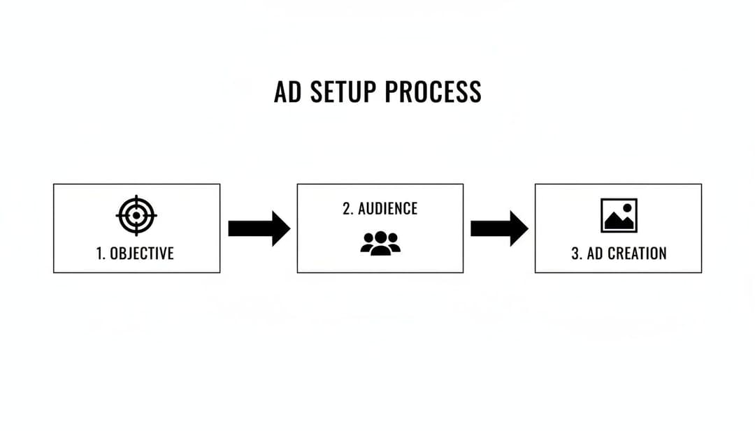 A flowchart illustrating the ad setup process, including defining objective, targeting audience, and creating the ad.