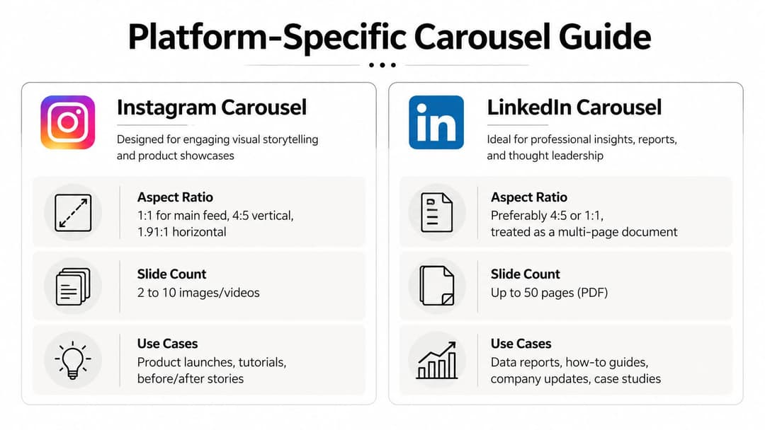 A comparison guide showing technical specifications and use cases for Instagram and LinkedIn carousel posts.