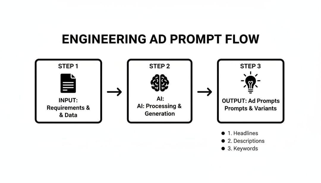 Flowchart illustrating the engineering ad prompt process from input data through AI generation to output ad creative elements.