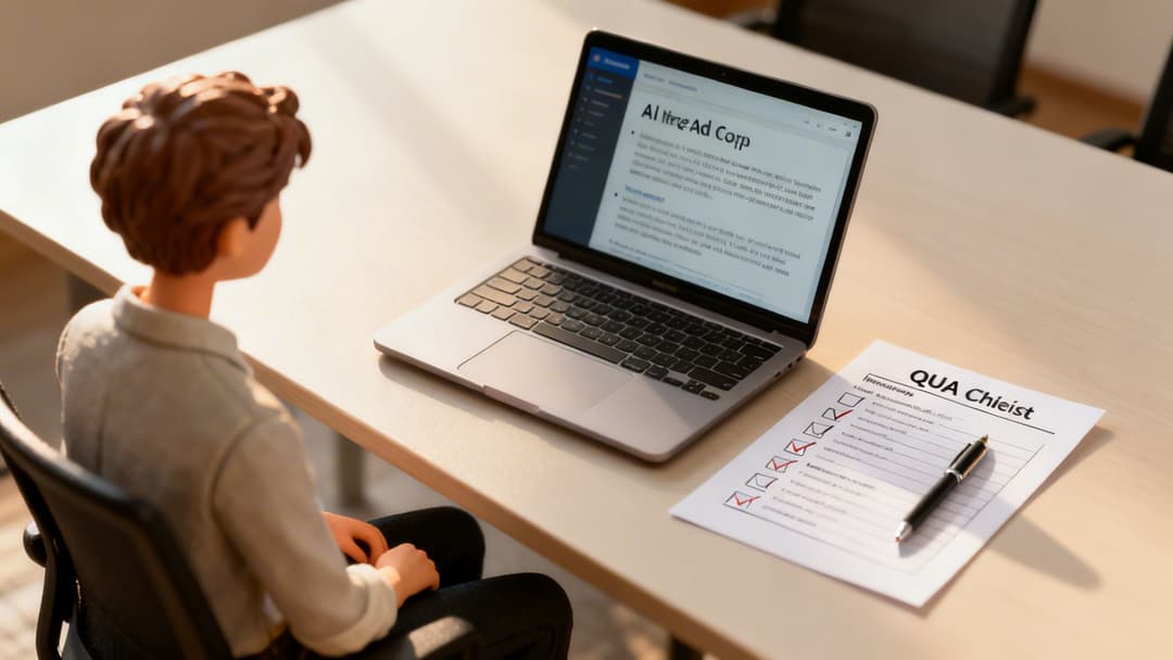 Figurine at a desk with a laptop displaying AI content and a quality assurance checklist.
