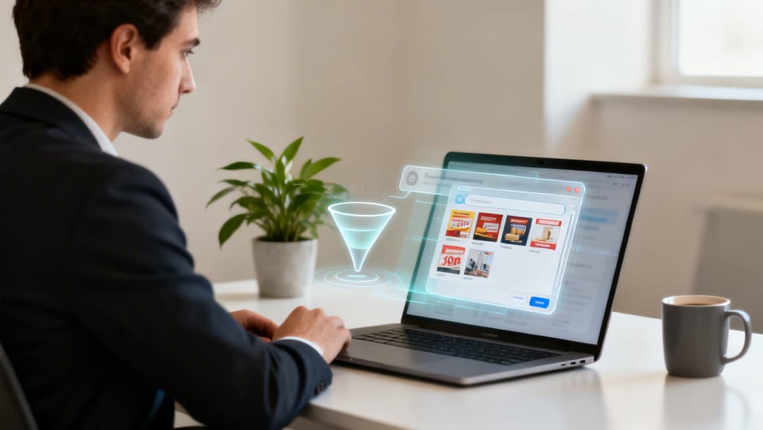 A man in a suit looks at a laptop displaying a digital filtering interface with product ads.