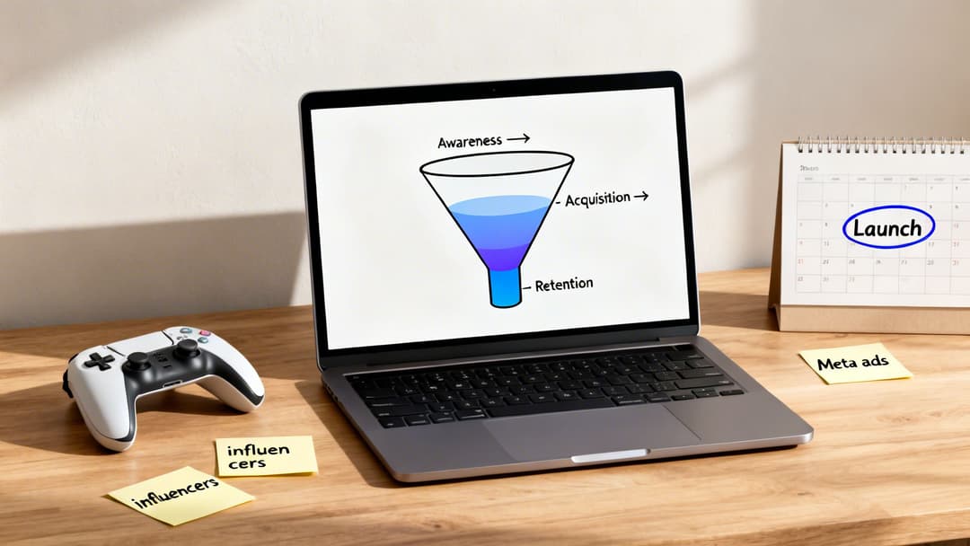 A desk with a laptop displaying a marketing funnel, game controller, launch calendar, and marketing strategy notes.