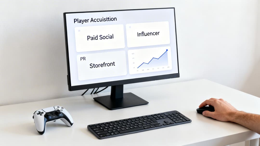 Computer monitor shows player acquisition marketing dashboard, with game controller, keyboard, and mouse.